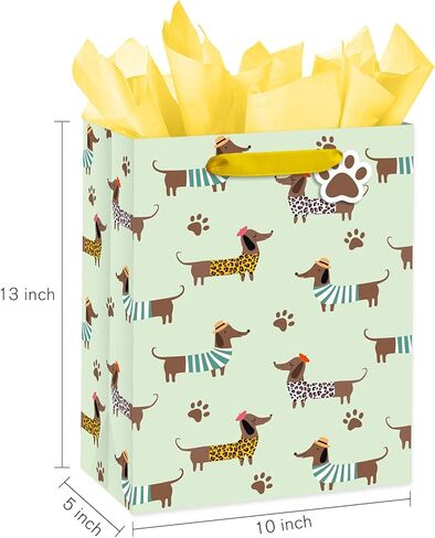Loveinside Dachshund Gift Bag for Boys Girls, Cut Sausage Dog Dressed-Up Design with Paw Prints, Green Medium Gift Bag with Tissue Paper, Tag, Card for Birthday, Pet Party, 10" x 5" x 13", 1 Pcs in Kuwait