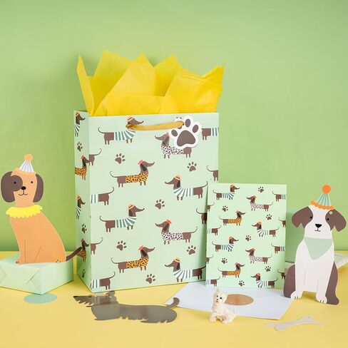 Loveinside Dachshund Gift Bag for Boys Girls, Cut Sausage Dog Dressed-Up Design with Paw Prints, Green Medium Gift Bag with Tissue Paper, Tag, Card for Birthday, Pet Party, 10" x 5" x 13", 1 Pcs in Kuwait