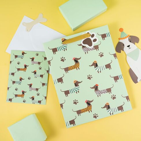 Loveinside Dachshund Gift Bag for Boys Girls, Cut Sausage Dog Dressed-Up Design with Paw Prints, Green Medium Gift Bag with Tissue Paper, Tag, Card for Birthday, Pet Party, 10" x 5" x 13", 1 Pcs in Kuwait