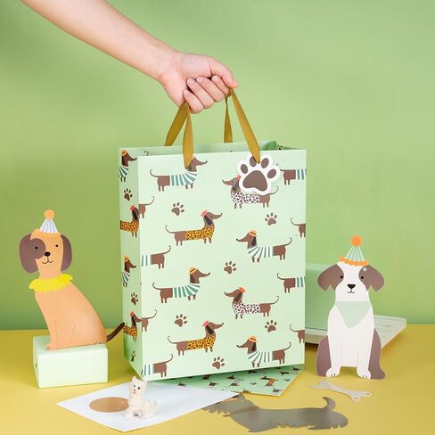 Loveinside Dachshund Gift Bag for Boys Girls, Cut Sausage Dog Dressed-Up Design with Paw Prints, Green Medium Gift Bag with Tissue Paper, Tag, Card for Birthday, Pet Party, 10" x 5" x 13", 1 Pcs in Kuwait