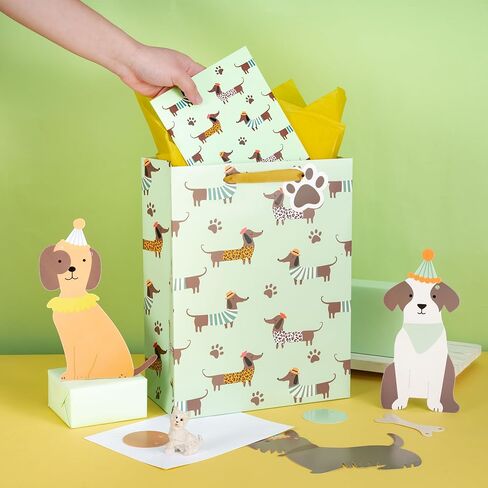 Loveinside Dachshund Gift Bag for Boys Girls, Cut Sausage Dog Dressed-Up Design with Paw Prints, Green Medium Gift Bag with Tissue Paper, Tag, Card for Birthday, Pet Party, 10" x 5" x 13", 1 Pcs in Kuwait