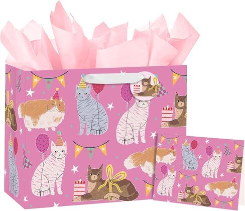 Loveinside Dachshund Gift Bag for Boys Girls, Cut Sausage Dog Dressed-Up Design with Paw Prints, Green Medium Gift Bag with Tissue Paper, Tag, Card for Birthday, Pet Party, 10" x 5" x 13", 1 Pcs in Kuwait