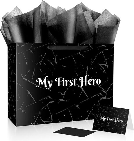 Linelglobal 15.7" Large Father's Day Bag with Tissue Paper and Card Black Gift Bag from Daughter Son for Dad Stepdad Grandfather Husband - My First Hero Dark Cracked Design in Kuwait