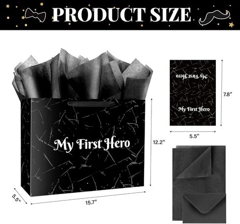Linelglobal 15.7" Large Father's Day Bag with Tissue Paper and Card Black Gift Bag from Daughter Son for Dad Stepdad Grandfather Husband - My First Hero Dark Cracked Design in Kuwait