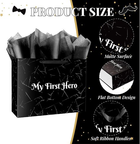 Linelglobal 15.7" Large Father's Day Bag with Tissue Paper and Card Black Gift Bag from Daughter Son for Dad Stepdad Grandfather Husband - My First Hero Dark Cracked Design in Kuwait