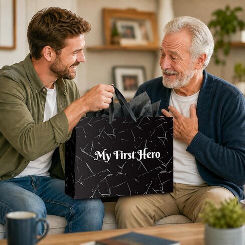 Linelglobal 15.7" Large Father's Day Bag with Tissue Paper and Card Black Gift Bag from Daughter Son for Dad Stepdad Grandfather Husband - My First Hero Dark Cracked Design in Kuwait