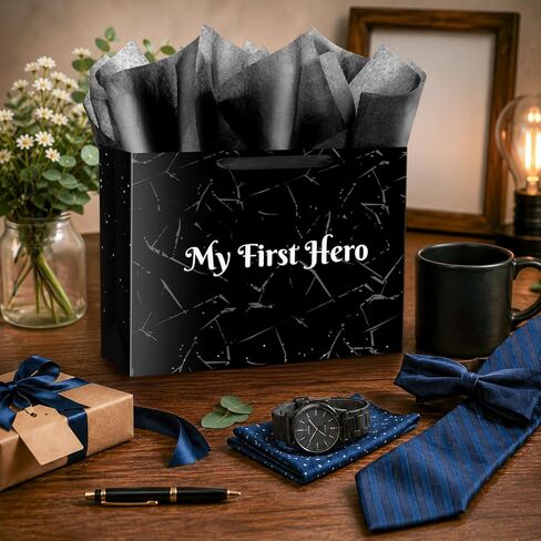 Linelglobal 15.7" Large Father's Day Bag with Tissue Paper and Card Black Gift Bag from Daughter Son for Dad Stepdad Grandfather Husband - My First Hero Dark Cracked Design in Kuwait