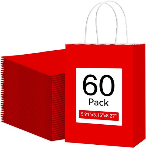 Qioxiou 60 Pack Red Gift Bags with Handles Small Size Bulk 5.91x3.15x8.27 Kraft Paper Gift Bags, Small Red Paper Sacks for Shopping, Business, Retail Merchandise Grocery, Wedding Birthday Party Favor in Kuwait
