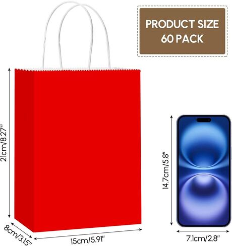 Qioxiou 60 Pack Red Gift Bags with Handles Small Size Bulk 5.91x3.15x8.27 Kraft Paper Gift Bags, Small Red Paper Sacks for Shopping, Business, Retail Merchandise Grocery, Wedding Birthday Party Favor in Kuwait