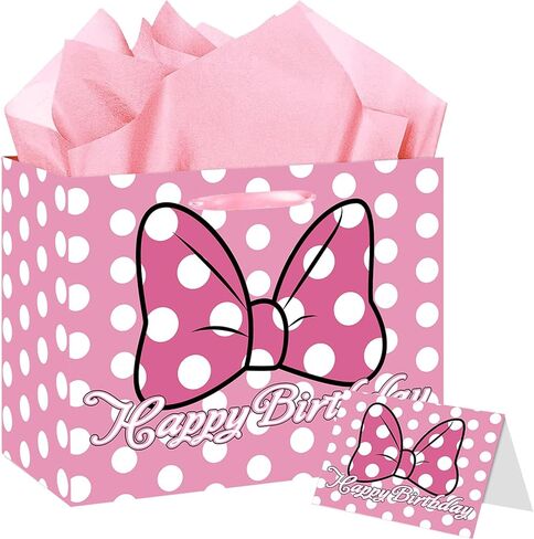 Mouse Birthday Gift Bag, Pink Bow Gift Bag with Card and Tissue Paper, Pink Bow Birthday Party Decorations for Girls, Baby Shower Party Favors, Mouse Themed Celebration Supplies in Saudi Arabia