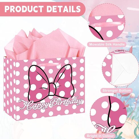 Mouse Birthday Gift Bag, Pink Bow Gift Bag with Card and Tissue Paper, Pink Bow Birthday Party Decorations for Girls, Baby Shower Party Favors, Mouse Themed Celebration Supplies in Saudi Arabia