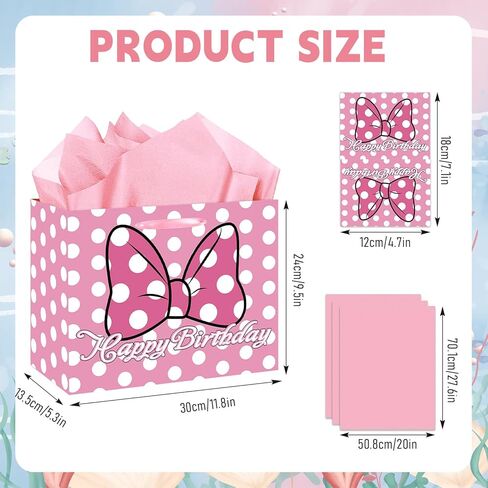 Mouse Birthday Gift Bag, Pink Bow Gift Bag with Card and Tissue Paper, Pink Bow Birthday Party Decorations for Girls, Baby Shower Party Favors, Mouse Themed Celebration Supplies in Saudi Arabia