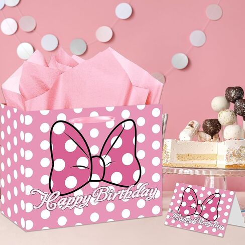 Mouse Birthday Gift Bag, Pink Bow Gift Bag with Card and Tissue Paper, Pink Bow Birthday Party Decorations for Girls, Baby Shower Party Favors, Mouse Themed Celebration Supplies in Saudi Arabia