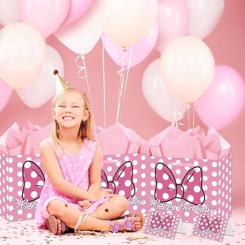 Mouse Birthday Gift Bag, Pink Bow Gift Bag with Card and Tissue Paper, Pink Bow Birthday Party Decorations for Girls, Baby Shower Party Favors, Mouse Themed Celebration Supplies in Saudi Arabia