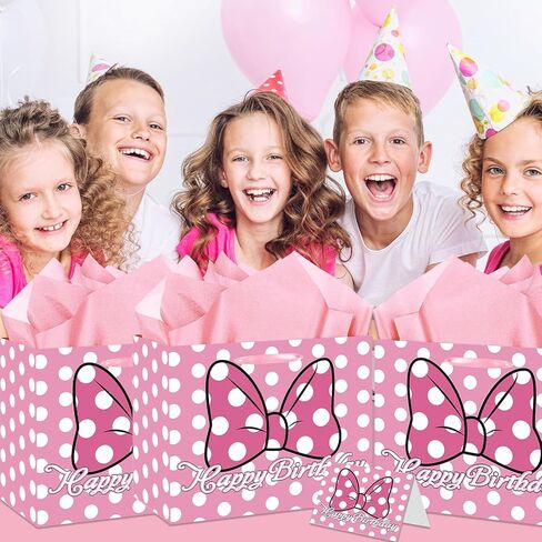 Mouse Birthday Gift Bag, Pink Bow Gift Bag with Card and Tissue Paper, Pink Bow Birthday Party Decorations for Girls, Baby Shower Party Favors, Mouse Themed Celebration Supplies in Saudi Arabia