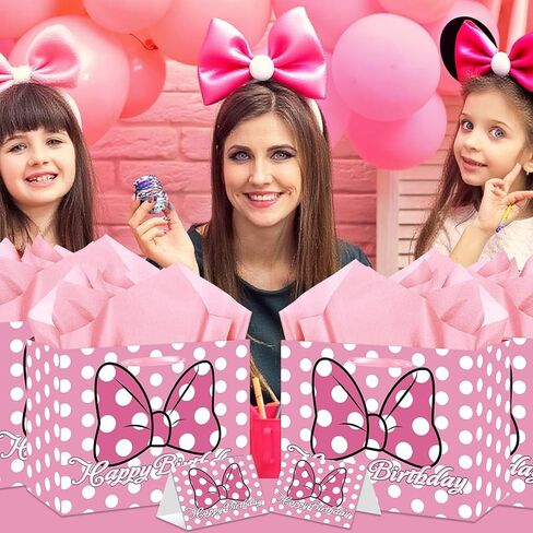 Mouse Birthday Gift Bag, Pink Bow Gift Bag with Card and Tissue Paper, Pink Bow Birthday Party Decorations for Girls, Baby Shower Party Favors, Mouse Themed Celebration Supplies in Saudi Arabia