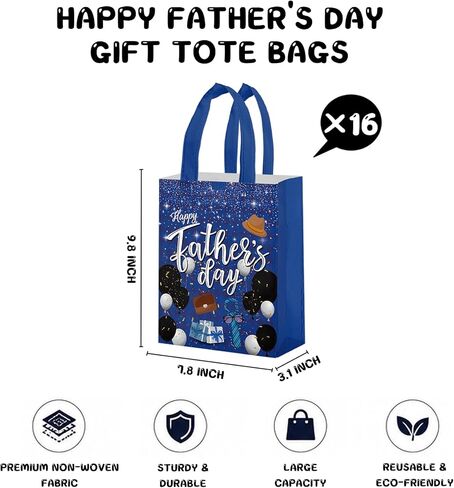 16Pcs Father's Day Party Non-Woven Bags Candy Goodie Gift Bags Reusable for Happy Fathers Day Dad Theme Party Supplies 7.8x3.1x9.8 Inches（Blue） in Saudi Arabia