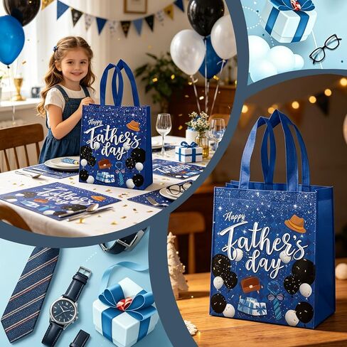 16Pcs Father's Day Party Non-Woven Bags Candy Goodie Gift Bags Reusable for Happy Fathers Day Dad Theme Party Supplies 7.8x3.1x9.8 Inches（Blue） in Saudi Arabia