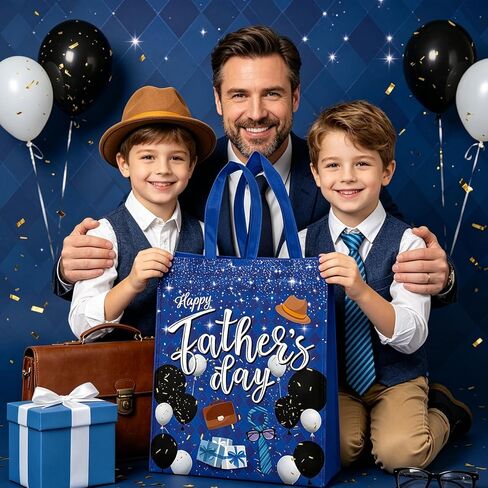 16Pcs Father's Day Party Non-Woven Bags Candy Goodie Gift Bags Reusable for Happy Fathers Day Dad Theme Party Supplies 7.8x3.1x9.8 Inches（Blue） in Saudi Arabia