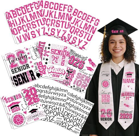 Dazoratix Graduation Sash Class of 2026-18 Sheets Stole Sashes Decorations DIY Customize Iron on Letters Number Senior Grad Patches Heat Transfer Vinyl Stickers Custom Decals for Clothing Cap (Pink) in Saudi Arabia