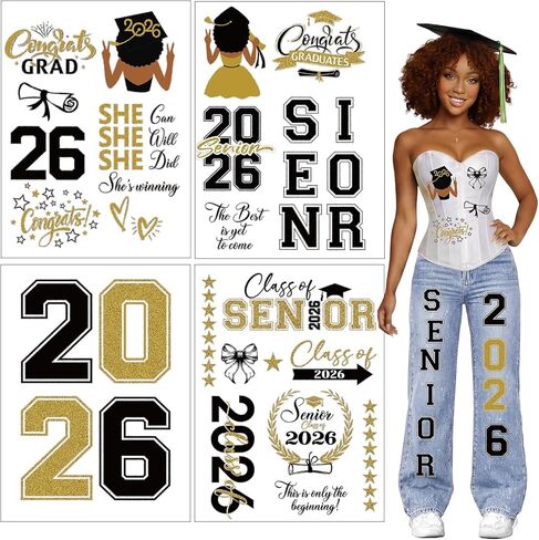 4 Sheets 2026 Graduation Iron on Transfer Patches Class of 2026 Bulk DIY Iron on Decals Stickers for Stole Sash Cap Fabric Clothing (Black and Gold) in Saudi Arabia