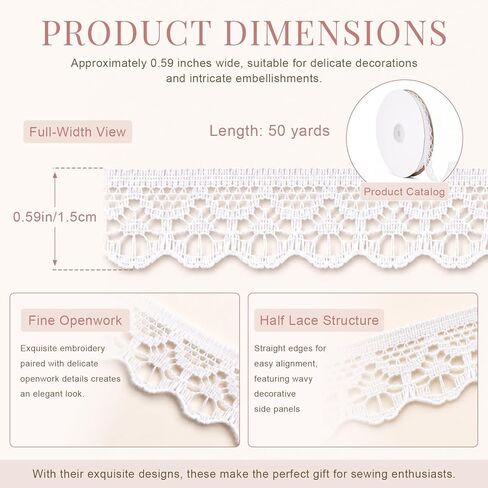 50 Yards White Lace Trim Ribbon Roll, Vintage Crochet Lace for Gift Wrapping, Sewing & Craft Projects, Bridal Wedding Decor, Dress Embellishment, Floral DIY & Party Decorations (Width 0.59 Inch) in Saudi Arabia