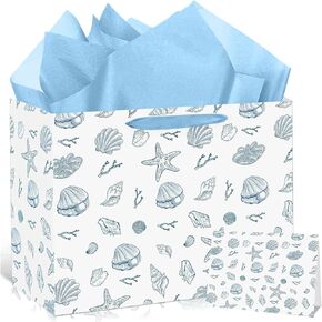 Ocean Seashell Bow Birthday Gift Bag with Wrapping Paper and Card Blue Beach Seashells Starfish Paper Bag with Handle Sea Shell Bowknot Gift Wrap Paper Bags for Summer Birthday Baby Shower Party Decor in Saudi Arabia