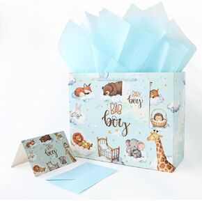 JAYTEM 13" Baby Gift Bag, Large Blue Baby Boy Gift Bag, Dreamy Animal Gift Bags with Greeting Card, Tag, Envelope & Tissue Paper for Baby Shower, Kids, Birthday, Welcome Party, Newborn Celebration in Saudi Arabia