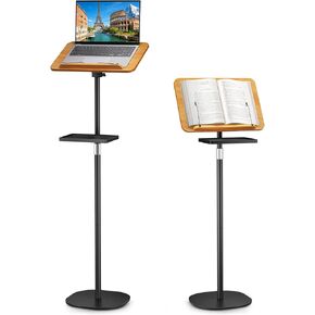 2 in 1 Adjustable Floor Book Stand & Music Stand with Removable Tray, 19.7" to 51.2" Foldable Reading Book Holder with Page Clips for Laptop, Cookbooks, Sheet Music, Wooden Podium Stand for Projector in Saudi Arabia