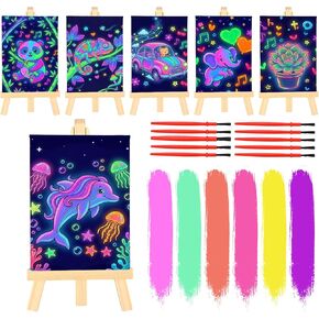 Tosstuki 24 Set Glow in the Dark Party Supplies Glow in Dark Paint Kit 3.9" x 5.9" Canvas for Painting with Wooden Easel Paint Brush Kit for DIY Crafts Rainbow Light up Birthday Luminous Party Favors in Saudi Arabia
