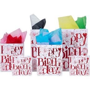 Birthday Gift Bags, 6-Pack Kraft Paper with Gold Foil 3D Design - Assorted Sizes for Different Gifts, Includes Bonus Multi-Color Wrapping Paper | Perfect for Friends, Colleagues, Family & Parents | Reusable Party Favors for Birthdays & Celebrations (Purpl in Saudi Arabia