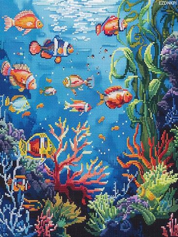 EZDNKPI Underwater Scene with Color Fish Coral DIY 11CT Stamped Cross Stitch Kits for Beginners Easy Needlepoint Embroidery Counted Cross Stitch Art Craft for Wall Decoration 12x16inch in Kuwait