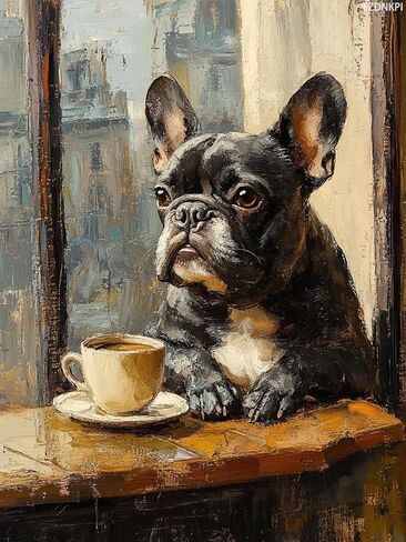EZDNKPI DIY Cross Stitch Kit French Bulldog Sitting Near Coffee 11CT Embroidery Kit with Pattern Stamped Count by Numbers Craft Kit 12x16inch in Kuwait