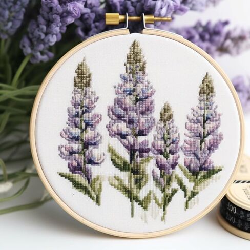 Beginner DIY Stamped Cross Stitch Kit with Embroidery Hoop Pre-Printed Pattern Lupine Spires DIY Needlepoint Craft Kit for Adults Includes All Supplies Wall Art Decor Gift 33x33cm (B97) in Kuwait