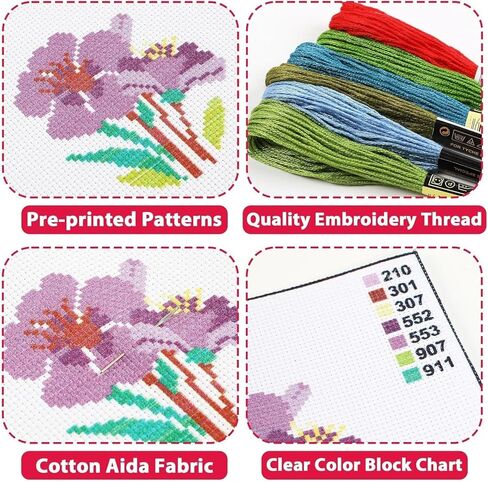 Beginner DIY Stamped Cross Stitch Kit with Embroidery Hoop Pre-Printed Pattern Lupine Spires DIY Needlepoint Craft Kit for Adults Includes All Supplies Wall Art Decor Gift 33x33cm (B97) in Kuwait