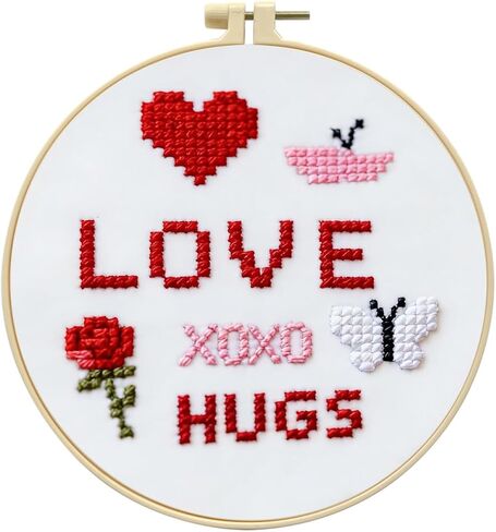 مجموعة غرز متقاطعة Love & Hugs للمبتدئين من Zhenqing، مطبوعة 11 قيراط مقاس 20 × 20 سم مع طوق 16 سم، مجموعة تطريز وردة قلب وفراشة (70839) in Kuwait