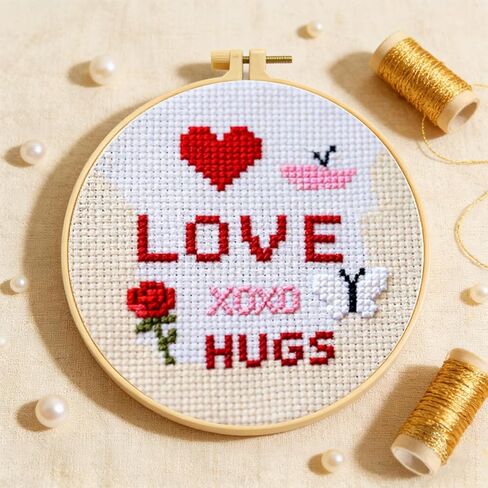 مجموعة غرز متقاطعة Love & Hugs للمبتدئين من Zhenqing، مطبوعة 11 قيراط مقاس 20 × 20 سم مع طوق 16 سم، مجموعة تطريز وردة قلب وفراشة (70839) in Kuwait