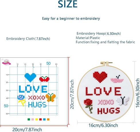 مجموعة غرز متقاطعة Love & Hugs للمبتدئين من Zhenqing، مطبوعة 11 قيراط مقاس 20 × 20 سم مع طوق 16 سم، مجموعة تطريز وردة قلب وفراشة (70839) in Kuwait