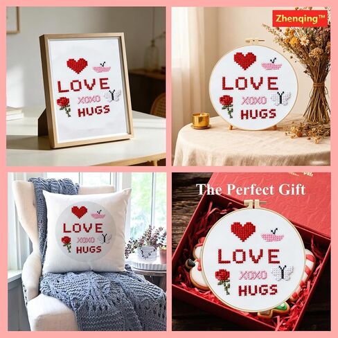 مجموعة غرز متقاطعة Love & Hugs للمبتدئين من Zhenqing، مطبوعة 11 قيراط مقاس 20 × 20 سم مع طوق 16 سم، مجموعة تطريز وردة قلب وفراشة (70839) in Kuwait