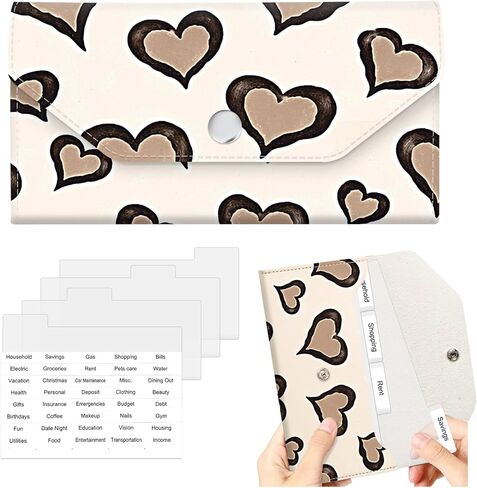 Cash Envelope Wallet for Budgeting, PU Leather Cute Cash Pouch with 4 Cash Dividers & 1 Category Stickers, Reusable Money Holder for Men and Women Boho Leopard Hearts in Saudi Arabia
