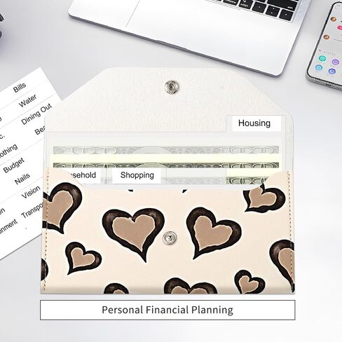 Cash Envelope Wallet for Budgeting, PU Leather Cute Cash Pouch with 4 Cash Dividers & 1 Category Stickers, Reusable Money Holder for Men and Women Boho Leopard Hearts in Saudi Arabia