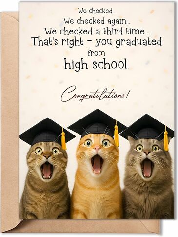 High School Graduation Card – Funny Cat Graduation Gifts, Cute Congrats Gift for Teen Graduate, Son Daughter, Friend, Boys, Girls - Folded Card 5"x7" with Kraff Envelope, 350gsm Cardstock in Saudi Arabia