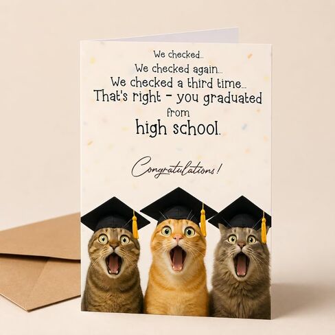 High School Graduation Card – Funny Cat Graduation Gifts, Cute Congrats Gift for Teen Graduate, Son Daughter, Friend, Boys, Girls - Folded Card 5"x7" with Kraff Envelope, 350gsm Cardstock in Saudi Arabia