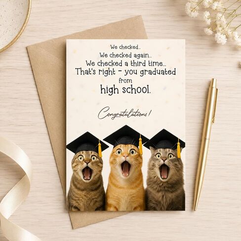 High School Graduation Card – Funny Cat Graduation Gifts, Cute Congrats Gift for Teen Graduate, Son Daughter, Friend, Boys, Girls - Folded Card 5"x7" with Kraff Envelope, 350gsm Cardstock in Saudi Arabia