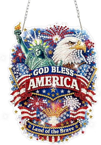 NAIMOER Independence Day Diamond Art Hanging Kits for Adults, 4th of July Flowers Handcarts Diamond Painting Pendant DIY Gem Art Window Wall Hanging Ornament, Acrylic Home Garden Decor, Double Sided in Kuwait