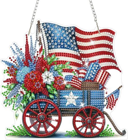 NAIMOER Independence Day Diamond Art Hanging Kits for Adults, 4th of July Flowers Handcarts Diamond Painting Pendant DIY Gem Art Window Wall Hanging Ornament, Acrylic Home Garden Decor, Double Sided in Kuwait
