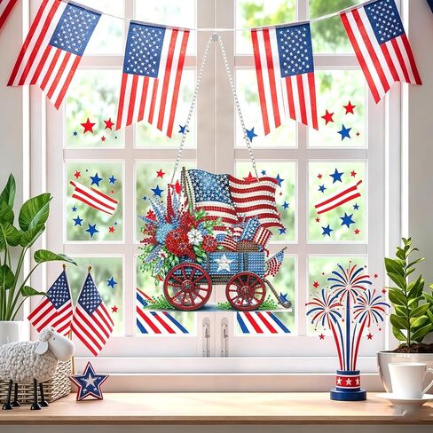 NAIMOER Independence Day Diamond Art Hanging Kits for Adults, 4th of July Flowers Handcarts Diamond Painting Pendant DIY Gem Art Window Wall Hanging Ornament, Acrylic Home Garden Decor, Double Sided in Kuwait