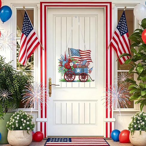 NAIMOER Independence Day Diamond Art Hanging Kits for Adults, 4th of July Flowers Handcarts Diamond Painting Pendant DIY Gem Art Window Wall Hanging Ornament, Acrylic Home Garden Decor, Double Sided in Kuwait