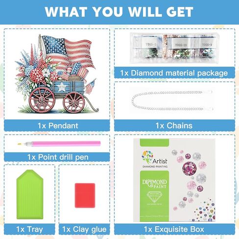 NAIMOER Independence Day Diamond Art Hanging Kits for Adults, 4th of July Flowers Handcarts Diamond Painting Pendant DIY Gem Art Window Wall Hanging Ornament, Acrylic Home Garden Decor, Double Sided in Kuwait