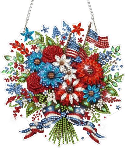 NAIMOER Independence Day Diamond Art Hanging Kits for Adults, 4th of July Flowers Handcarts Diamond Painting Pendant DIY Gem Art Window Wall Hanging Ornament, Acrylic Home Garden Decor, Double Sided in Kuwait